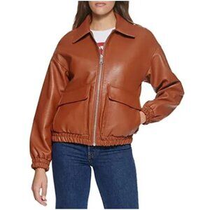 NWT LEVIS Leather Brown Jacket Faux Pebbled Oversized Cognac Zipper Pockets XL